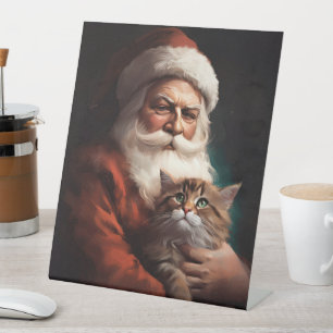 Perzische Kat Met Sinterklaas Feestelijke Kerstmis Reclamebord Met Voetstuk