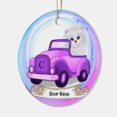 Perzische kat rijdt in auto keramisch ornament (Links)