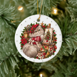 Perzische kat rode baret schilderij kerst easel keramisch ornament