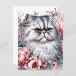 Perzische Kat Roze Bloemen Waterverf Art Briefkaart