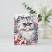 Perzische Kat Roze Bloemen Waterverf Art Briefkaart (Staand voorkant)