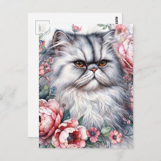 Perzische Kat Roze Bloemen Waterverf Art Briefkaart (Voorkant / Achterkant)