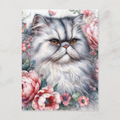 Perzische Kat Roze Bloemen Waterverf Art Briefkaart (Voorkant)