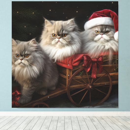 Perzische Kat Snowy Sleigh Kerstmisdecor Canvas Afdruk (Insitu (Houten vloer))