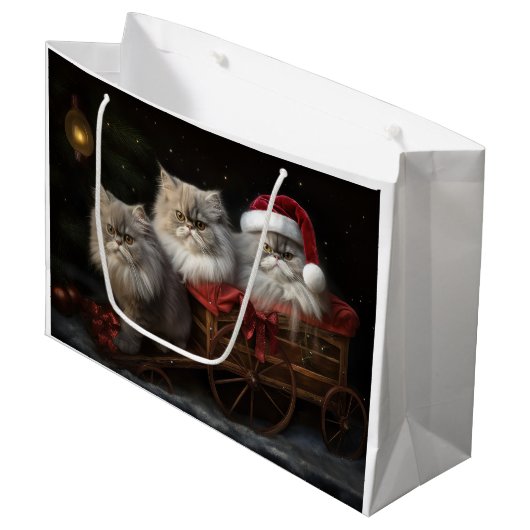 Perzische Kat Snowy Sleigh Kerstmisdecor Groot Cadeauzakje (Voorkant Gekanteld)
