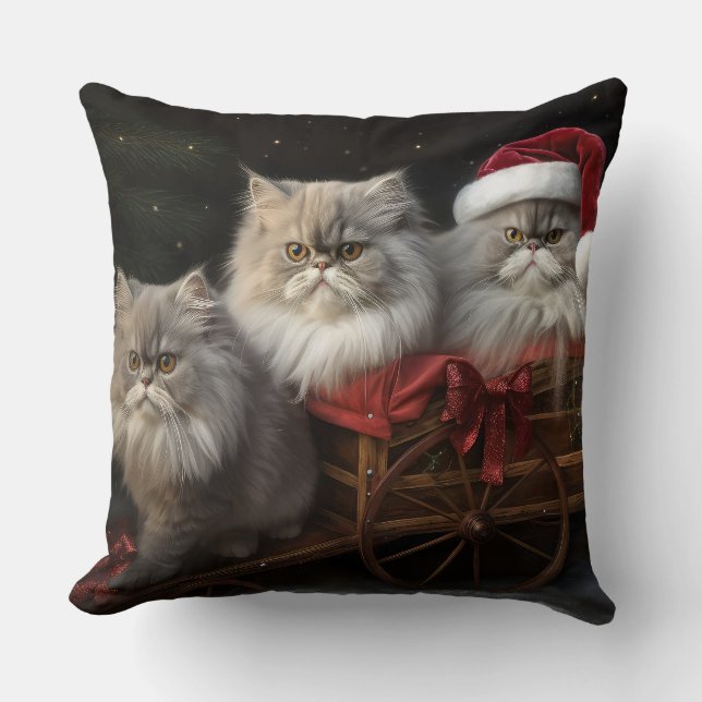 Perzische Kat Snowy Sleigh Kerstmisdecor Kussen (Voorkant)