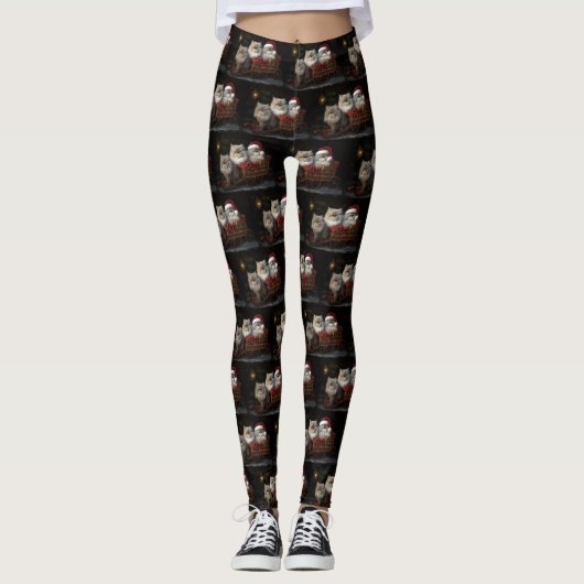 Perzische Kat Snowy Sleigh Kerstmisdecor Leggings (Voorkant)
