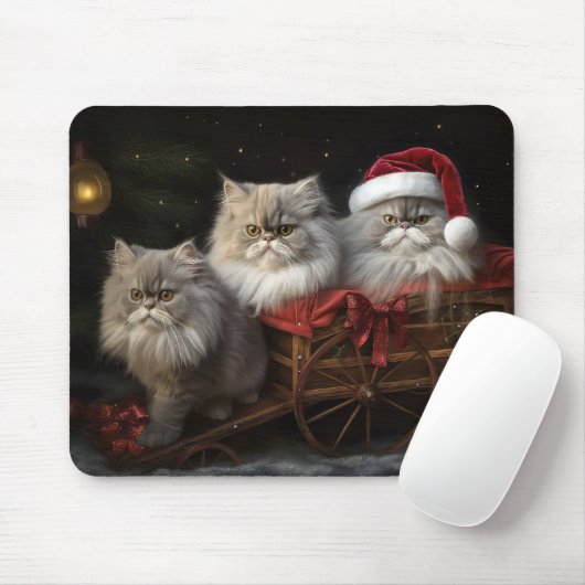 Perzische Kat Snowy Sleigh Kerstmisdecor Muismat (Met muis)