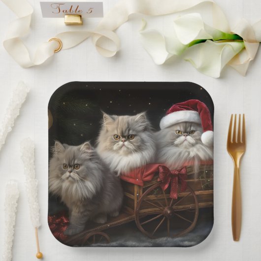 Perzische Kat Snowy Sleigh Kerstmisdecor Papieren Bordje (Huwelijk)