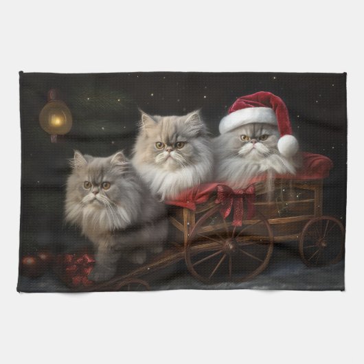 Perzische Kat Snowy Sleigh Kerstmisdecor Theedoek (Horizontaal)