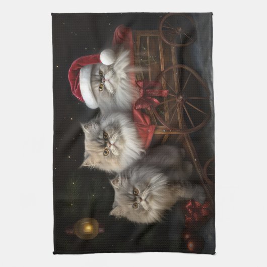 Perzische Kat Snowy Sleigh Kerstmisdecor Theedoek (Verticaal)