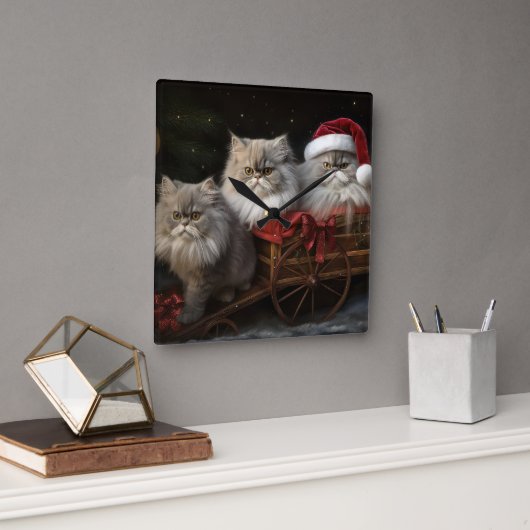 Perzische Kat Snowy Sleigh Kerstmisdecor Vierkante Klok (Kantoor)
