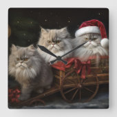 Perzische Kat Snowy Sleigh Kerstmisdecor Vierkante Klok (Voorkant)