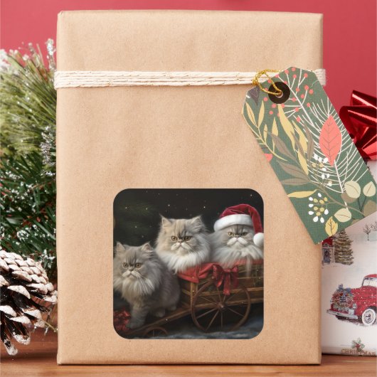 Perzische Kat Snowy Sleigh Kerstmisdecor Vierkante Sticker (Feestdagen)