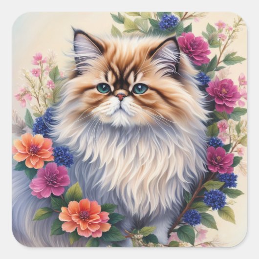 Perzische kat veelkleurige bloemen vierkante sticker (Voorkant)
