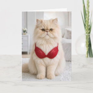 Perzische kat verjaardag met een rode beha kaart
