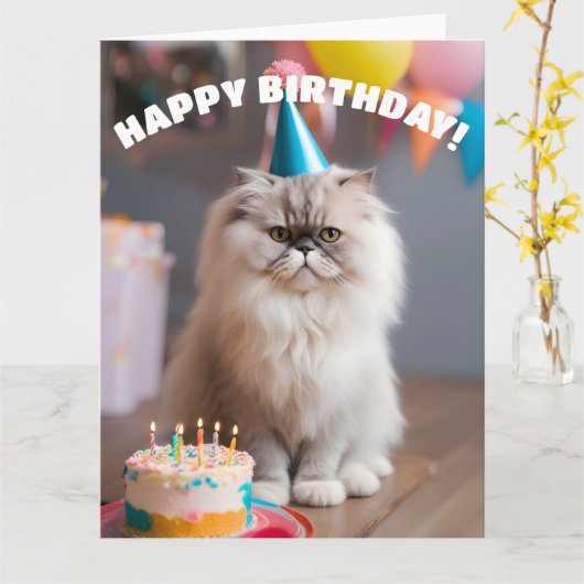 Perzische kat verjaardagsfeestje kaart (Gele Bloem)