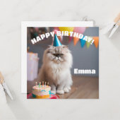 Perzische kat verjaardagsfeestje kaart (Voorkant / Achterkant in situ)