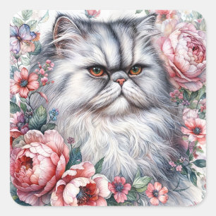 Perzische kat Waterverf Bloemenportret Vierkante Sticker