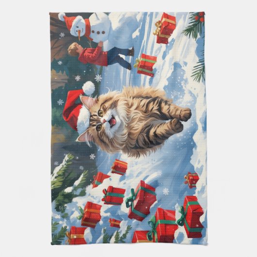 Perzische kat zit in de sneeuw met kerst Pet Theedoek (Verticaal)