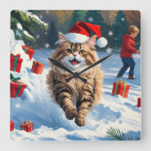 Perzische kat zit in de sneeuw met kerst Pet Vierkante Klok (Voorkant)