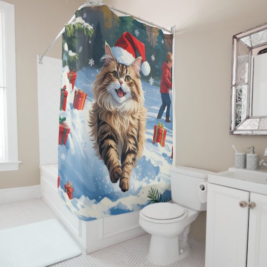 Perzische kat zit in de sneeuw met kerstmuts douchegordijn (In situ)