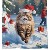Perzische kat zit in de sneeuw met kerstmuts douchegordijn (Voorkant)