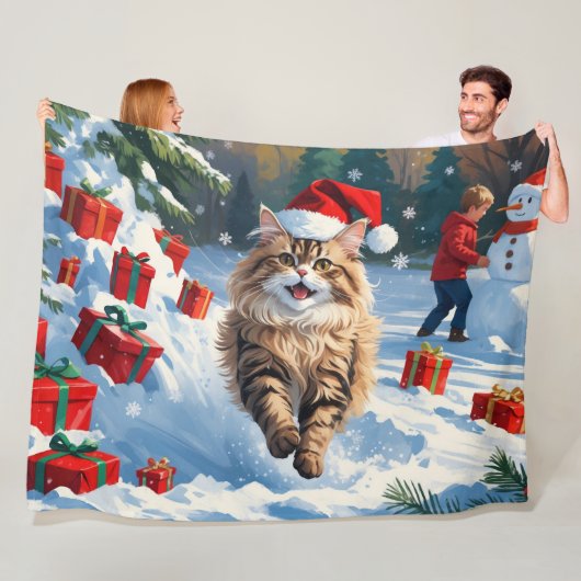 Perzische kat zit in de sneeuw met kerstmuts fleece deken (In situ)