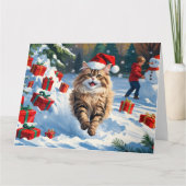Perzische kat zit in de sneeuw met kerstmuts kaart (Voorkant)