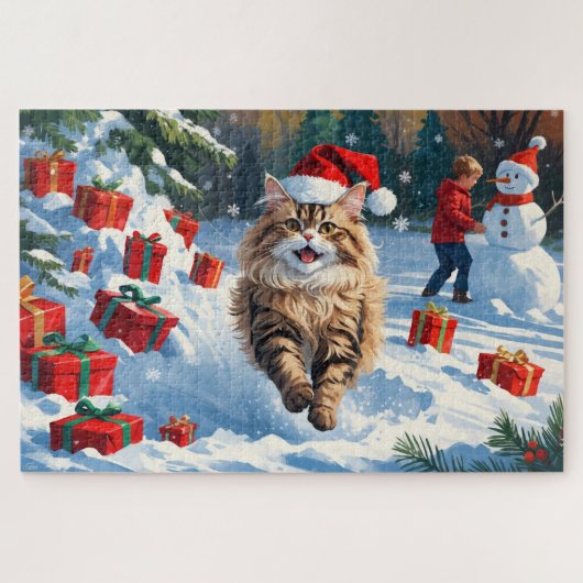 Perzische kat zit in de sneeuw met kerstmuts legpuzzel (Horizontaal)