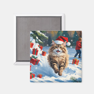 Perzische kat zit in de sneeuw met kerstmuts magneet