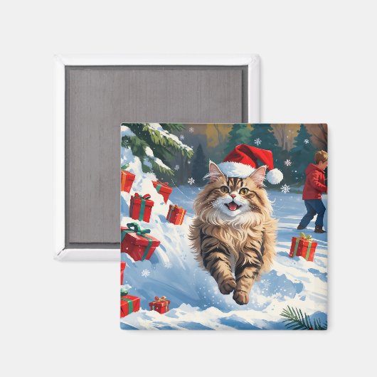 Perzische kat zit in de sneeuw met kerstmuts magneet (Voorkant / Achterkant)