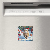 Perzische kat zit in de sneeuw met kerstmuts magneet (Insitu (Vaatwasser))