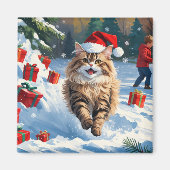 Perzische kat zit in de sneeuw met kerstmuts magneet (Voorkant)