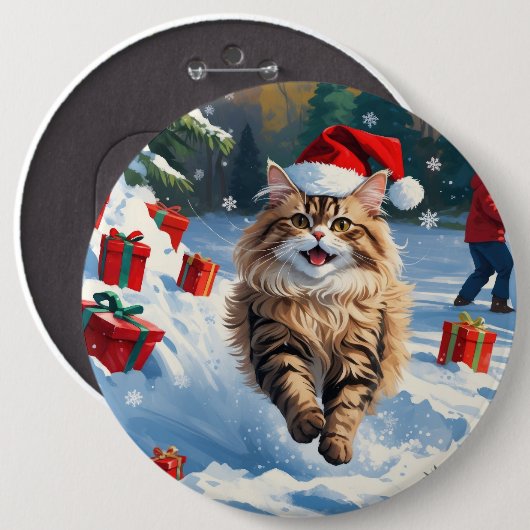 Perzische kat zit in de sneeuw met kerstmuts ronde button 6,0 cm (Voorkant /achterkant)