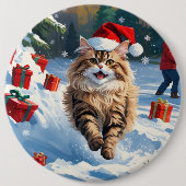 Perzische kat zit in de sneeuw met kerstmuts ronde button 6,0 cm (Voorkant)