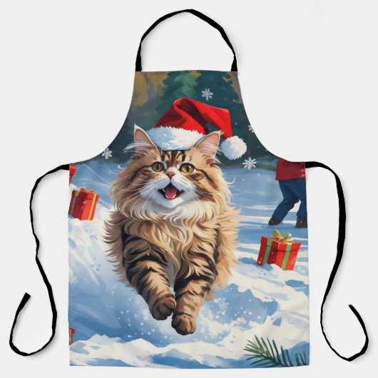Perzische kat zit in de sneeuw met kerstmuts schort (Voorkant)