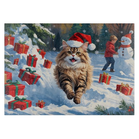 Perzische kat zit in de sneeuw met kerstmuts snijplank (Voorkant)