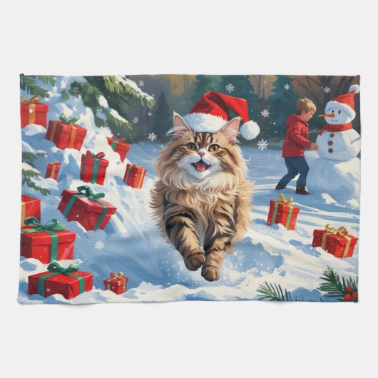 Perzische kat zit in de sneeuw met kerstmuts theedoek (Horizontaal)