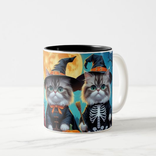 Perzische katten pompoen Halloween grappig Tweekleurige Koffiemok (Voorkant rechts)