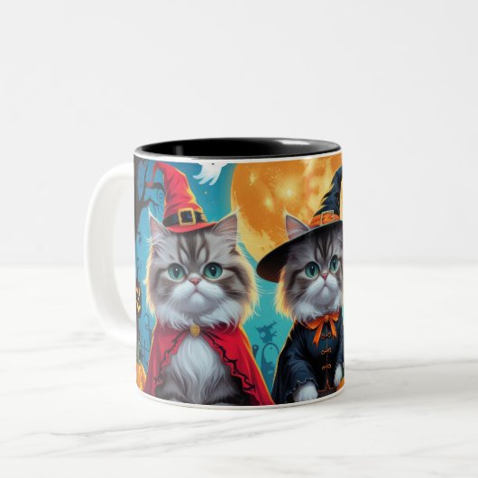 Perzische katten pompoen Halloween grappig Tweekleurige Koffiemok (Voorkant links)