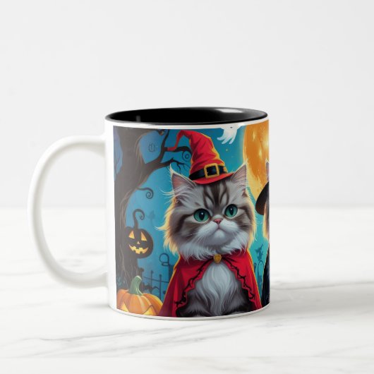 Perzische katten pompoen Halloween grappig Tweekleurige Koffiemok (Links)