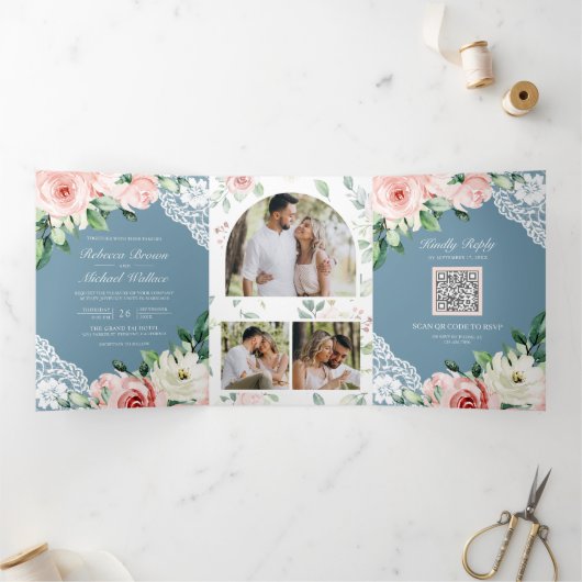 Perzische kegel Stusty Blue QR Code Weddenschap Drieluik Uitnodiging (Binnen)