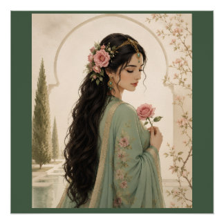Perzische Roos Dame Poster | Elegante Smaragd Port
