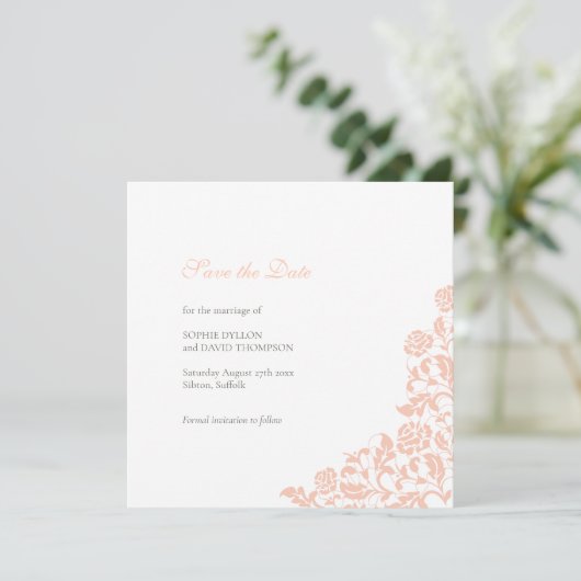 Perzische Roos Lace Square Weddenschap Save The Date (Staand voorkant)