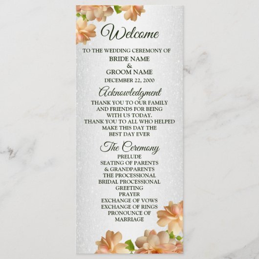 Perzische Rozen Floral Silver Glitter Elegant Wedd Programmakaart (Voorkant)
