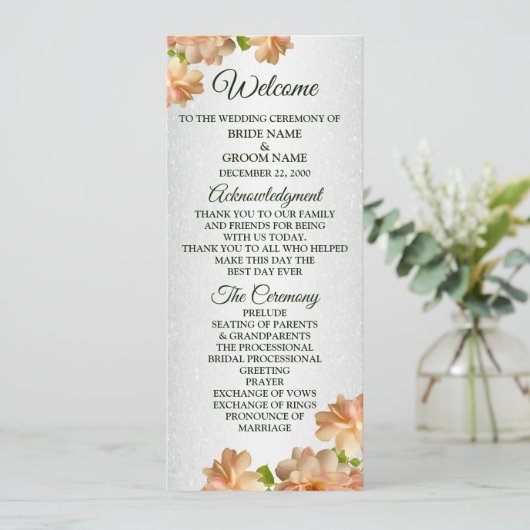 Perzische Rozen Floral Silver Glitter Elegant Wedd Programmakaart (Staand voorkant)