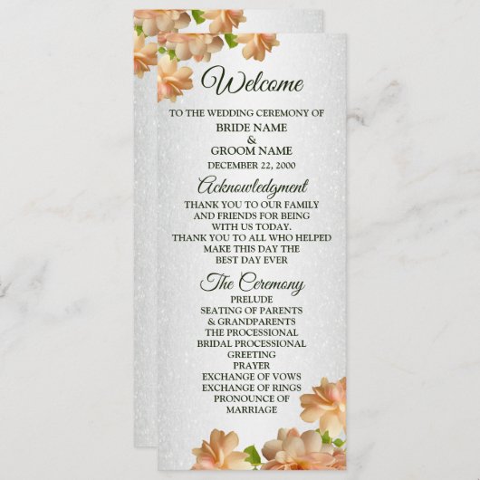 Perzische Rozen Floral Silver Glitter Elegant Wedd Programmakaart (Voorkant / Achterkant)