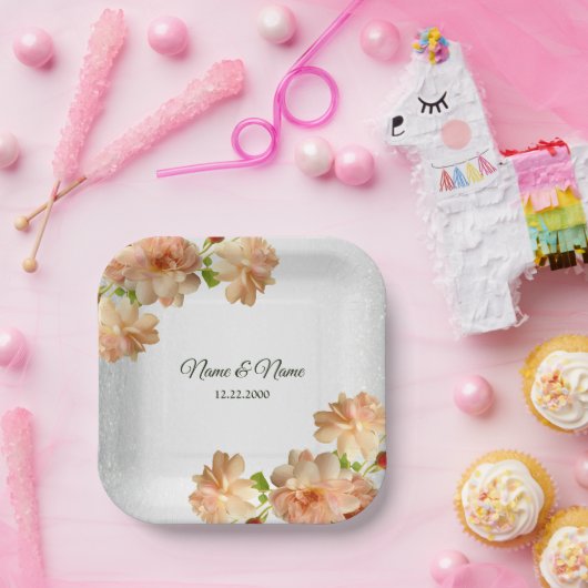 Perzische Rozen Floral Silver Glitter Weddenschap Papieren Bordje (Feest)