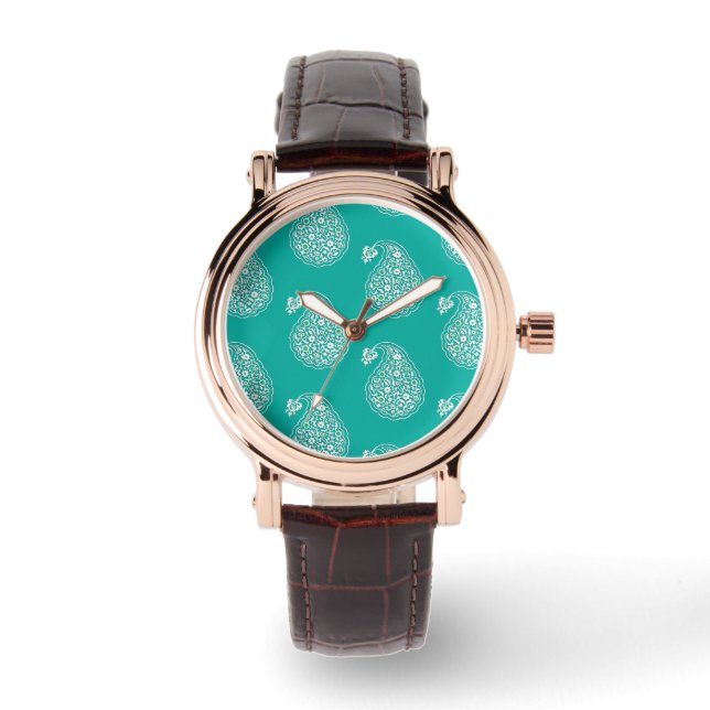 Perzische tegelpaisley - wit op turquoise horloge (Voorkant)